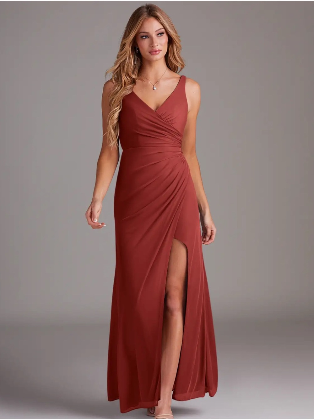 Elegant Rust V-Neck Evening Gown - Women Dresses